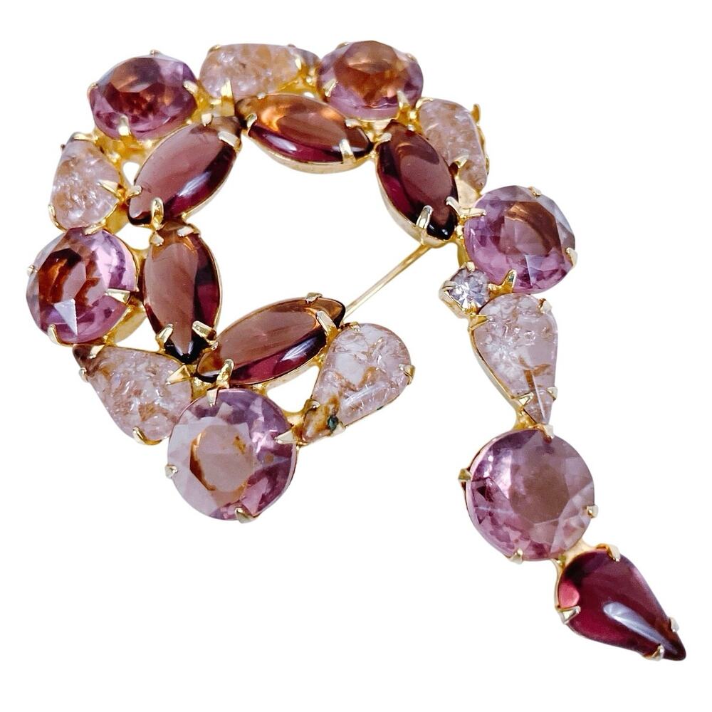 VTG Purple Glass Brooch Gold Tone Statement Pin Prong Set Navette Marquise Swirl